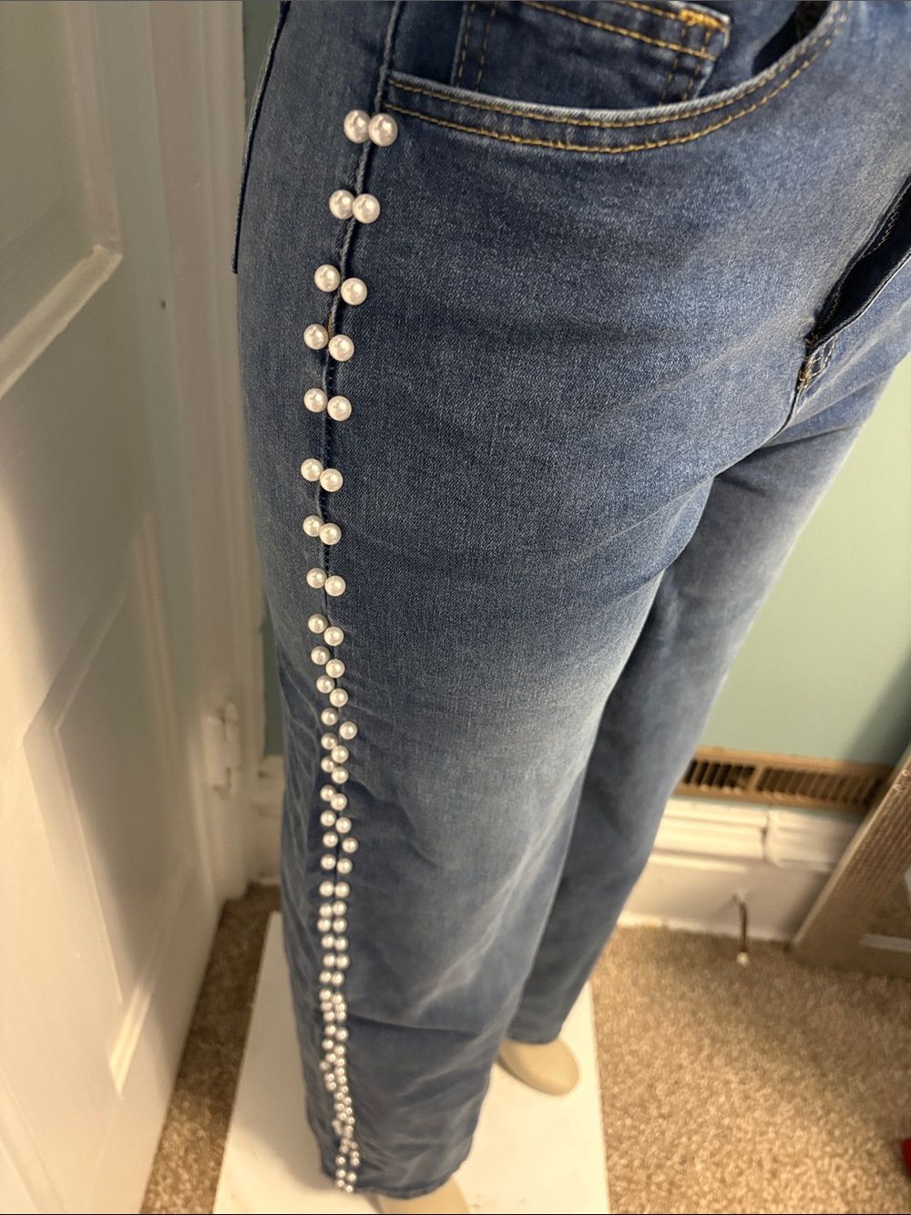Pearl-Trim Wide Leg Denim Jeans - Blue - Picture 5 of 8